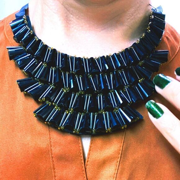 Geometric Black Crystal Statement Collar Bib Necklace - Picture 6 of 8